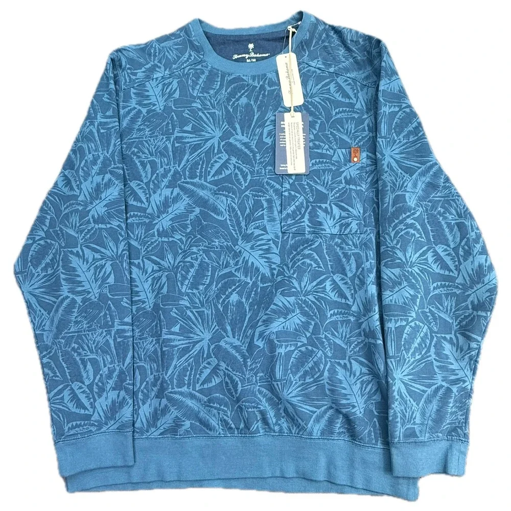 Tommy Bahama Sweatshirt Mens Medium Blue Indigo Palms Ben and Terry